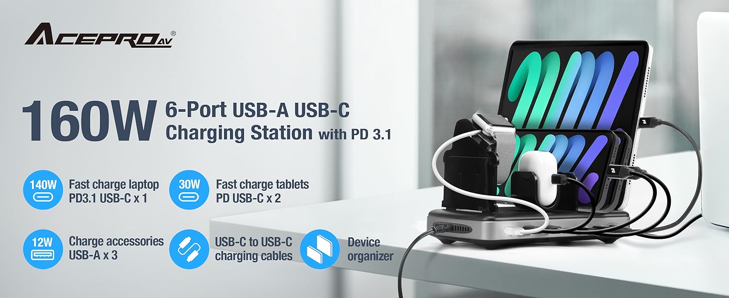 AceProAV 160W 6-Port USB-A USB-C Charging Station with PD 3.1