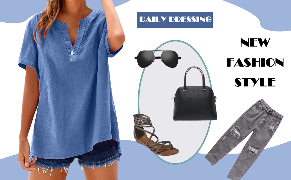 Collage de mode comprenant un haut bleu à col en V, des lunettes de soleil, un sac à main noir, des sandales et un pantalon gris. Le texte indique « NOUVEAU STYLE DE MODE ».