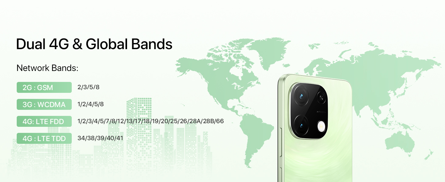 World map showing global network bands for a dual 4G smartphone. Device image in corner with prominent camera module.