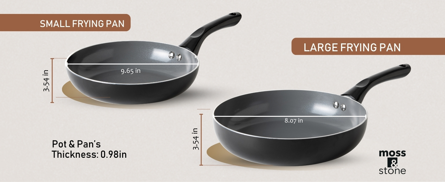 9.5 inch and 8 inch ceramic non stick frying pans, black skillet cookware set