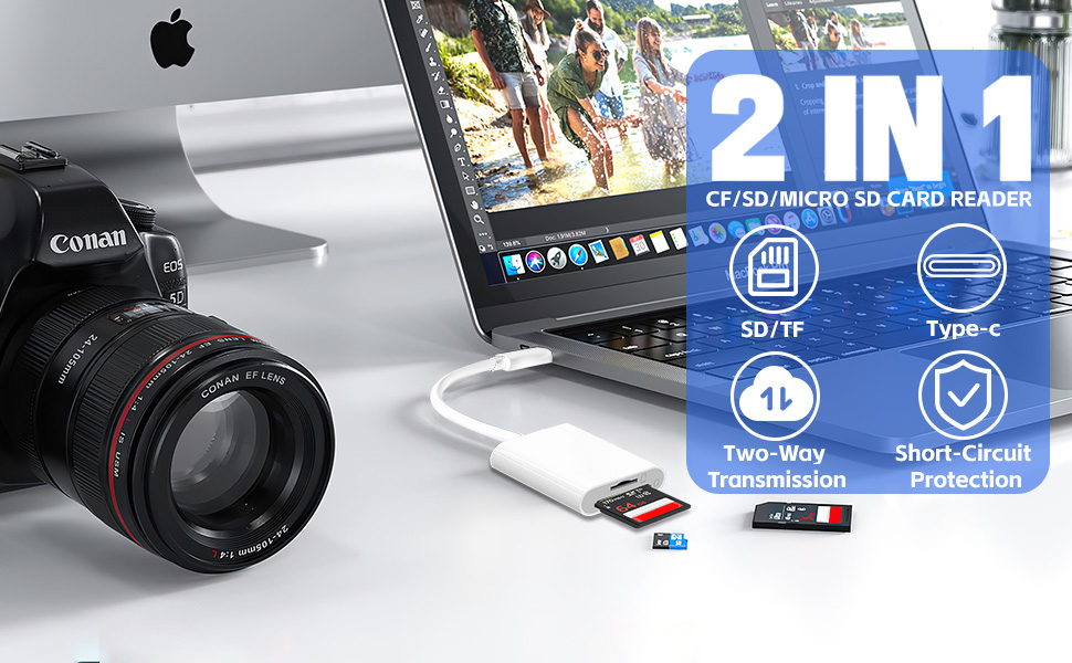 Text reads '2 IN 1'. Product setup showing DSLR camera, laptop, and memory card packaging with blue icons indicating data protection and storage features.