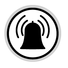 Reihe von schwarz-weißen Symbolen mit Alarm- oder Warnsymbolen, einschließlich Schallwellen und Glockenformen auf weißem Hintergrund.