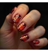 Fall Press on Nails Square Fake Nails with Designs Maple Leaf Stick on Nail Short Acrylic False N...