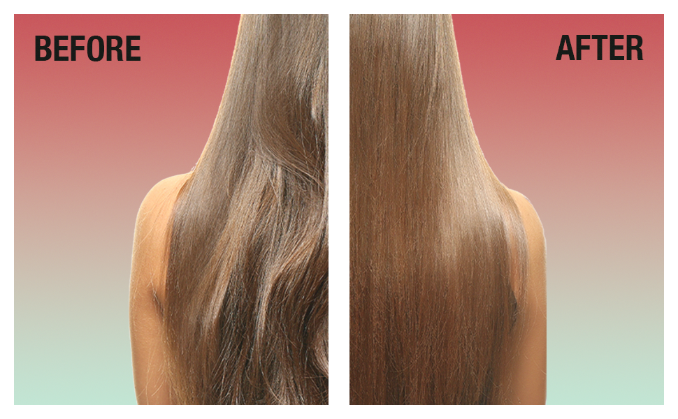 Pink and Green background with wavy before photo to the left, right has after straight hair.