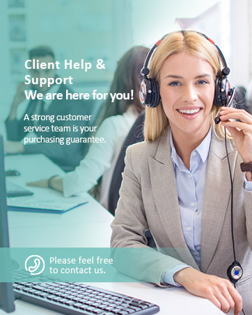 Customer service representative with headset at computer. Text overlay: 'Client Help & Support: We are here for you!' and 'A strong customer service team is your purchasing guarantee.'
