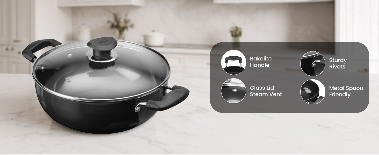 Black non-stick cooking pan with glass lid and dual handles. Features shown include durable handle, glass lid and metal finish specifications.