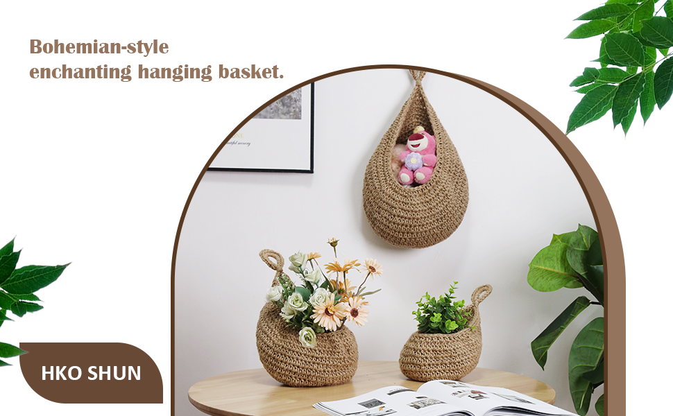 Hanging Fruit Basket Set of 3, Boho Wall Hanging Storage Jute Basket for Organizing & Decor, Handmade Teardrop Hammock Holder for Onion Fruit Vegetable in Home & Restaurant Kitchen with Hooks 8 1