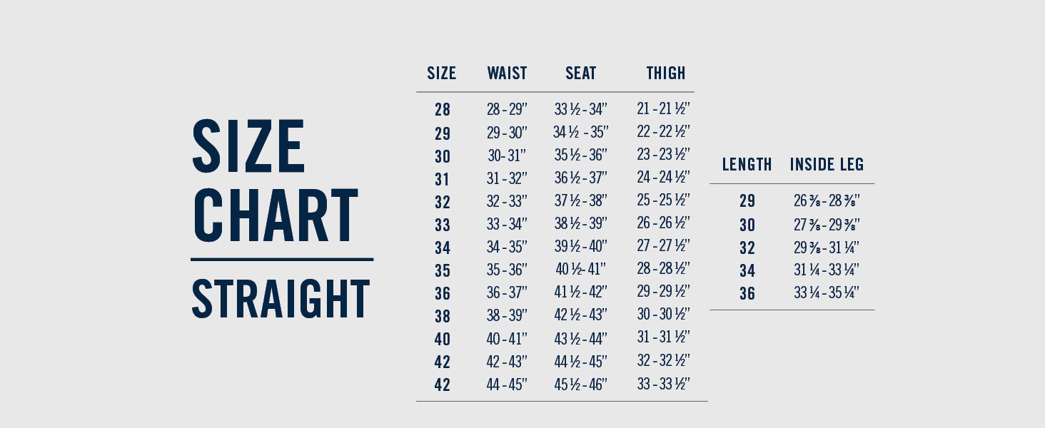 Size chart for straight fit izod men pants formal
