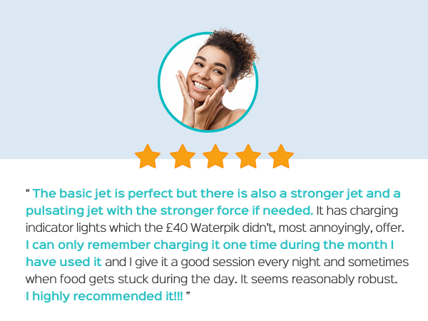 Five-star review display with customer feedback text describing product performance and charging capabilities.