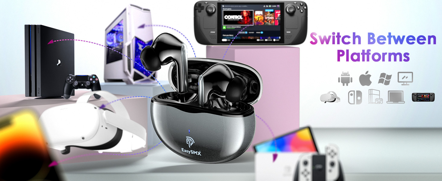 EasySMX Wireless Gaming Earbuds for PC, PS5 with Mic, 30ms Low Latency, Bluetooth/2