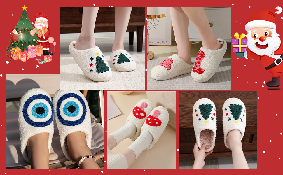Collage of festive slippers on a red background. Designs include Christmas trees, owls, mushrooms, and strawberries. Santa and Christmas decorations in corners.