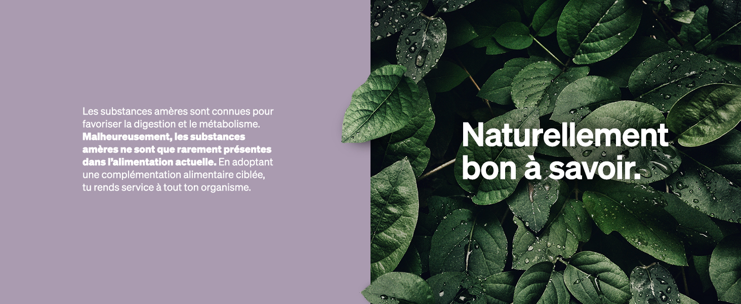 Image divisée avec des feuilles vertes à droite avec le texte français « Naturellement bon à savoir » et un fond violet avec du texte