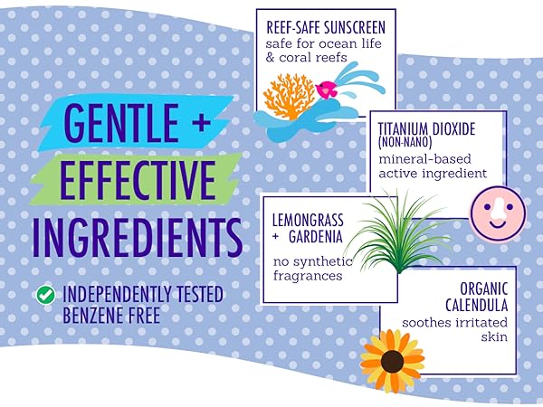 Gentle and effective ingredients. Including Titanium dioxide, calendula, lemongrass, and gardenia.