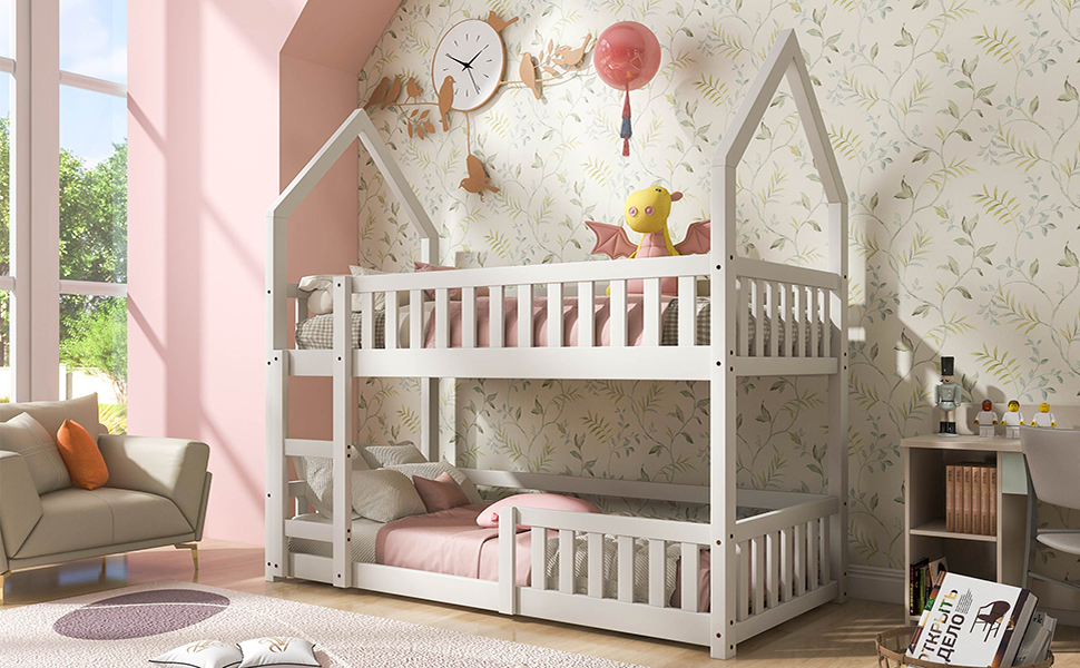 HOOSENG Bunk Bed Twin Single Sleeper Bed, 3FT Solid Wood Bed Frame Single Bed Gaming Bed With Ladder And Guard Rail, Castle-shaped Bed Children's Bedroom Furniture For Kids Children (White) 13 2