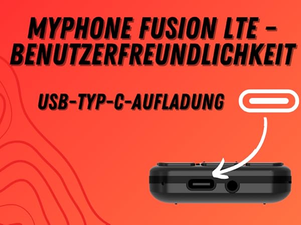 MyPhone Fusion LTE-Gerät mit USB-Typ-C-Ladeanschluss, dargestellt mit Pfeilanzeige auf korallenorangem