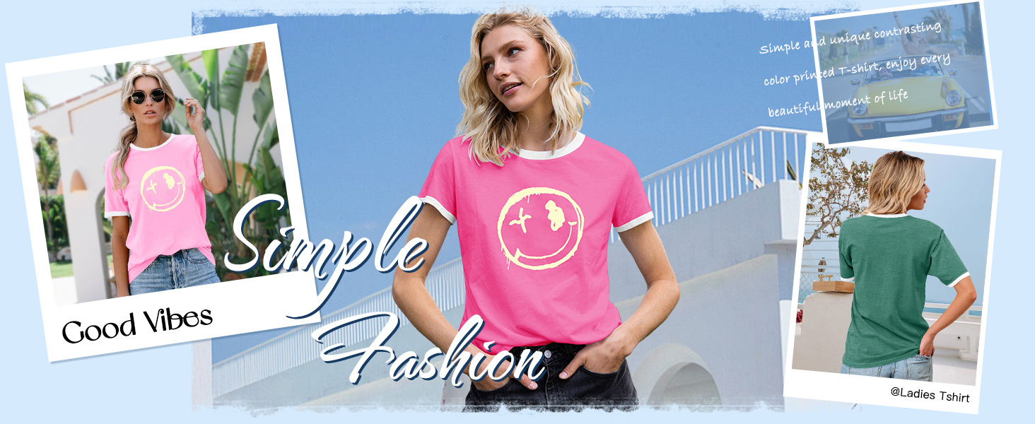 WIEIYM Women's T-Shirts Crew Neck Short Sleeve Ladies T Shirts Casual Summer Tops Smile Face Printed Tee Shirts Blouse S-XXL 10 t shirts for women uk