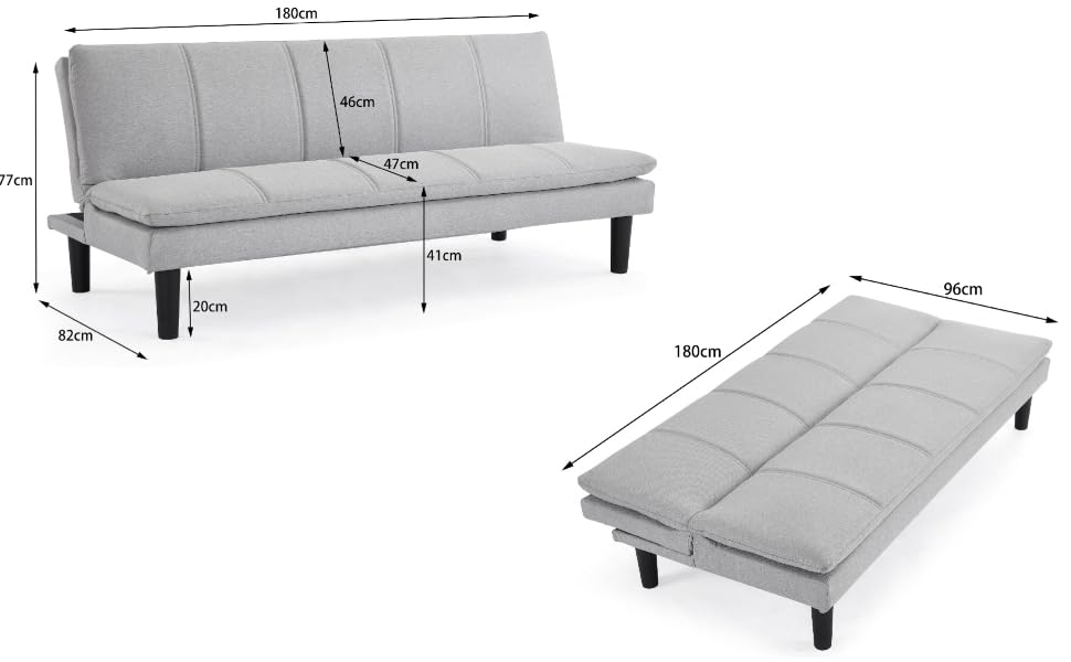 Home Detail 3 Seater Sofa Bed Light Grey Woven Fabric Sofabed Clic Clac