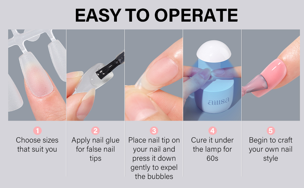 AILLSA Short Coffin Nail Tips, 5Sized XS Full Cover Soft Gel Nail Tips No More