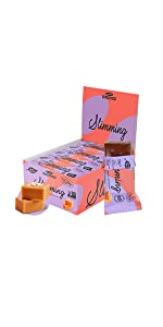 box of slimming protein bars with 2 pieces of caramel and one protein bar