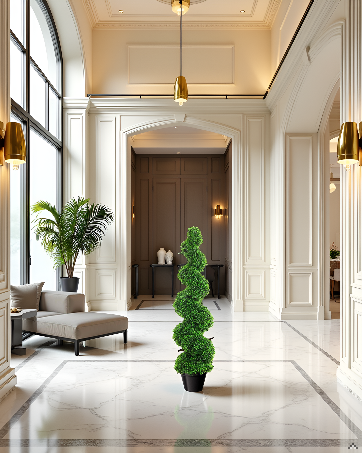 A lush, spiral-shaped topiary tree made of vibrant green leaves, standing elegantly on a sturdy base