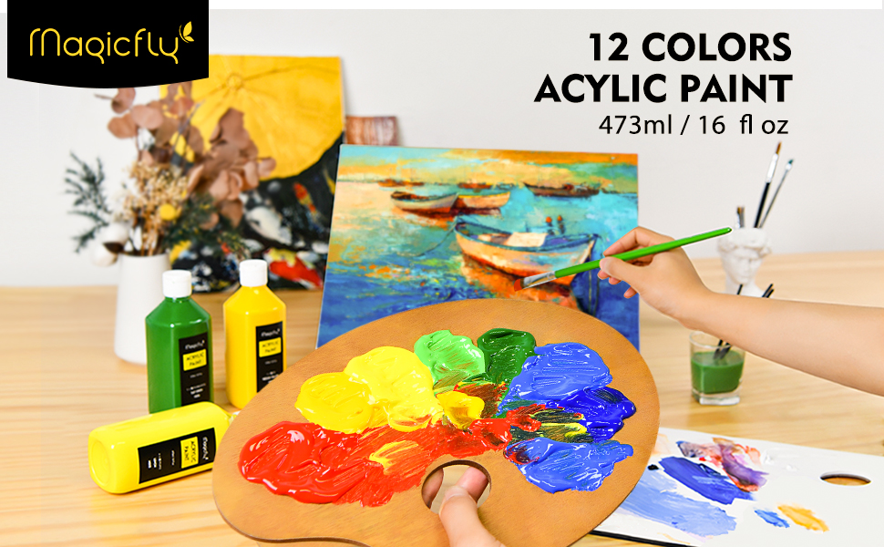 Magicfly Acrylic Paint 12 Colours/473ml, Large Bottles Acrylic Paint
