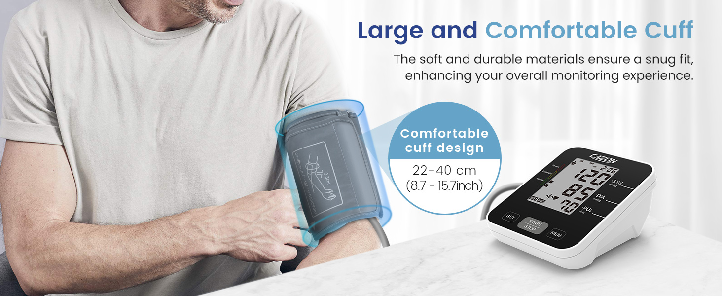 Digital blood pressure monitor with large cuff, featuring a wide LCD display. Image highlights the comfortable, soft cuff design measuring 22-42cm.