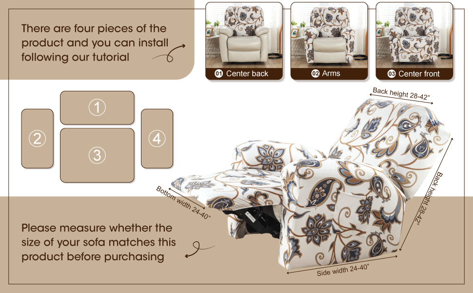 Stretch Recliner Cover Printed Chair Slipcovers 4 pcs in 1