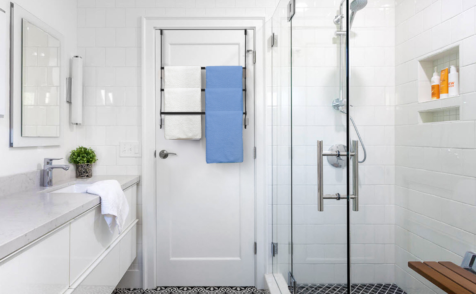 Over Door Towel Rail, 3Tier Adjustable Towel Rack with Hooks for