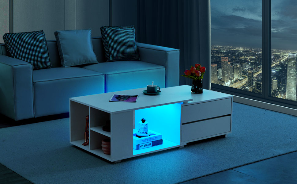 TUKAILAi Coffee Table with LED Lights, White Coffee Table with 2