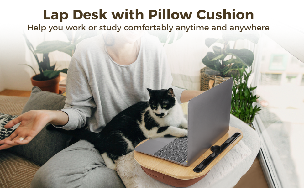 Lap Desk with Pillow Cushion, Portable Bamboo Laptop Stand