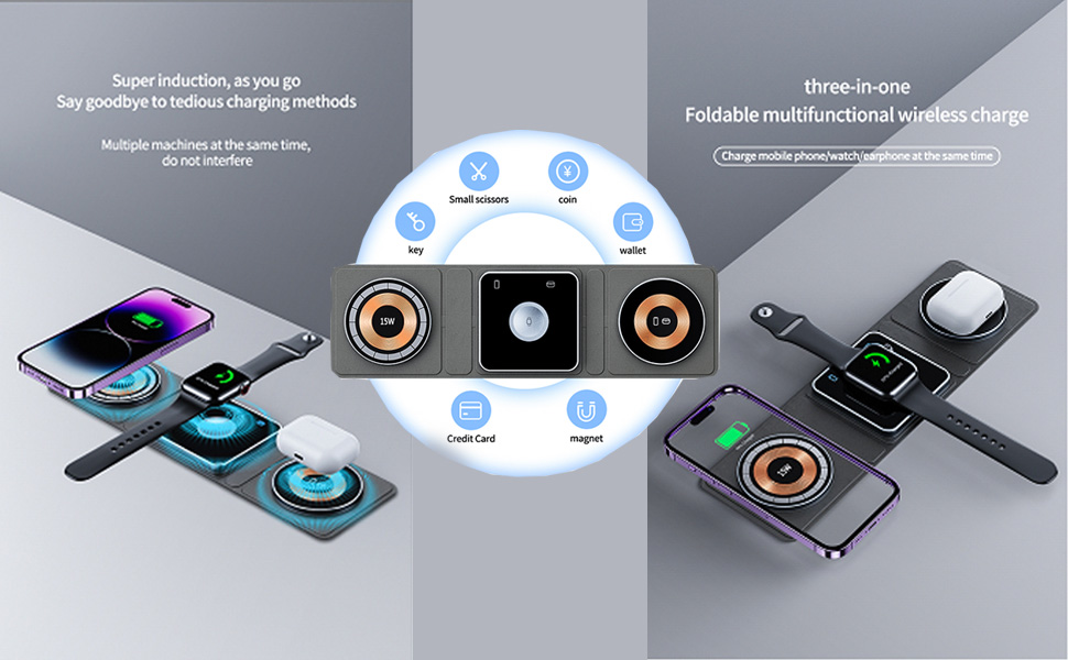 Magsafe Charger, 3-in-1 Foldable Wireless Charging Station, MagSafe Magnetic Charging, Transparent, Portable Charging Station_voghion.com