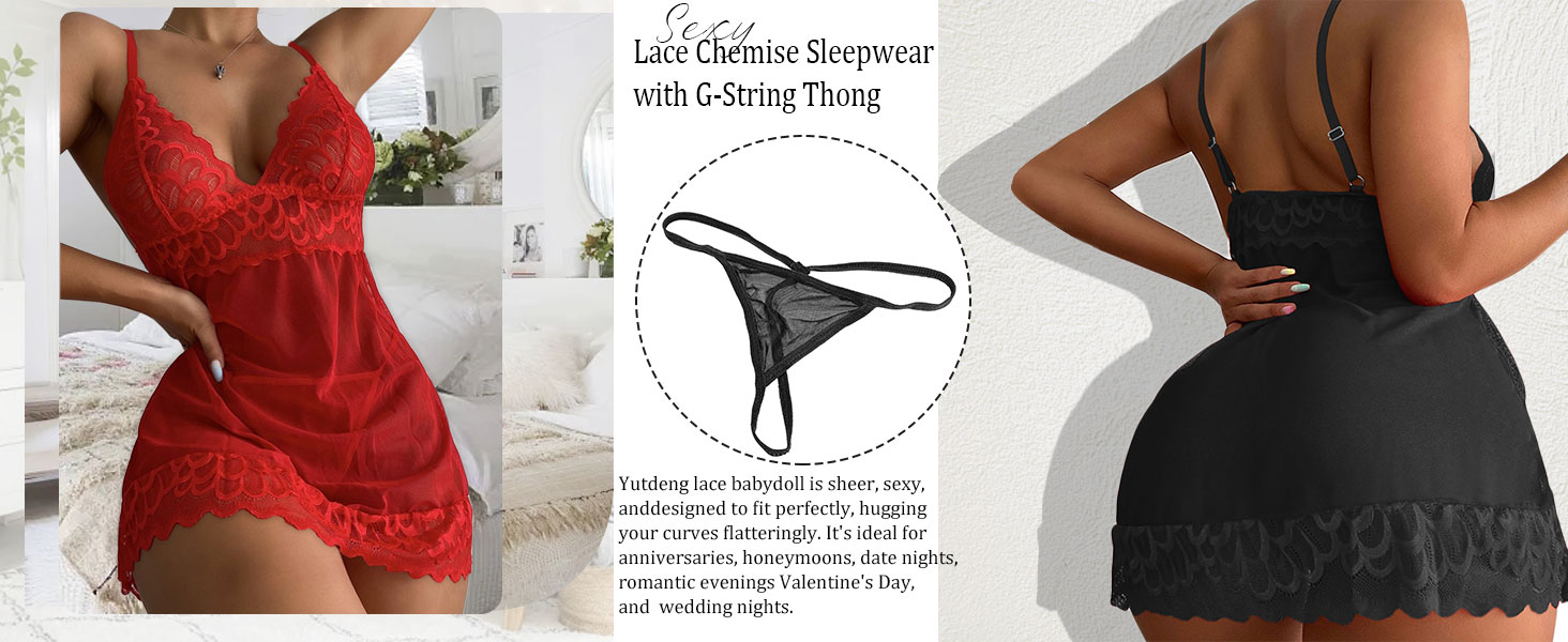 Yutdeng Lingerie Babydoll Nightwear Set for Women with Thong Lace Chemise Sleepwear Deep V Dress Sexy See Through Outfits Women UK Naughty Underwear Sets Bedroom 10 Lingerie Babydoll Nightwear Set for Women with Thong Lace Chemise Sleepwear Deep V Dress Sexy