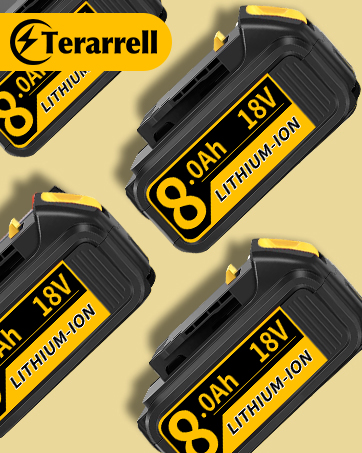 Three black Terarrell 18V lithium-ion batteries with 8.0Ah capacity. Yellow labeling displays voltage and amp-hour ratings. Batteries feature a rugged design with ridged sides.