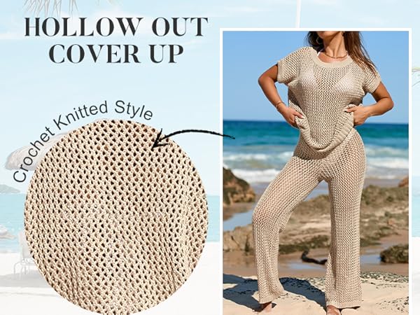 AERMA  summer knit swim wear 3点set Famulily Womens Sexy Mesh Cutout Bathing Suit Cover Up 2