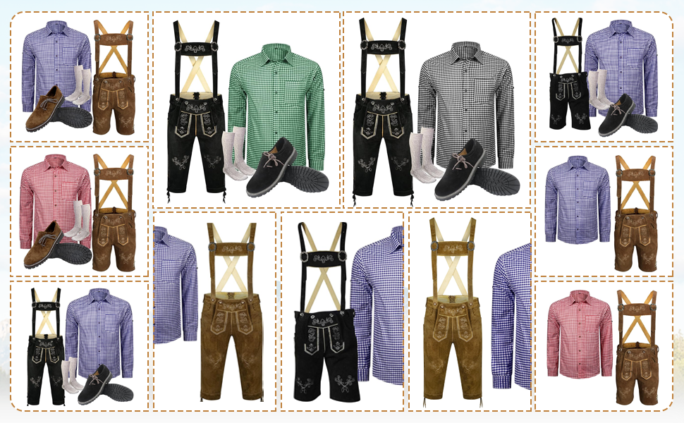 Collection of traditional Bavarian Oktoberfest outfits featuring checkered shirts in various colors and leather lederhosen with suspenders, arranged in a grid pattern.
