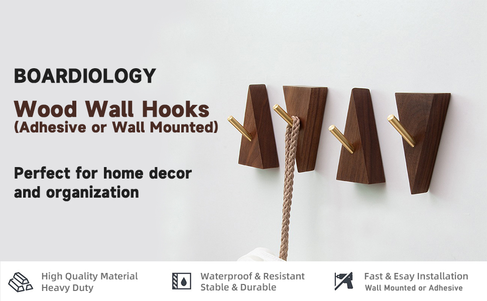 Wall Hooks Decorative Wooden Coat Hooks 2.95in Height, Small Walnut Wood and Golden