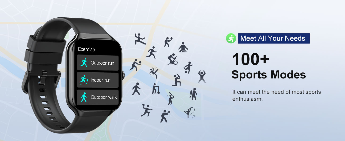 Smartwatch with black band displaying fitness tracking features. Adjacent image shows 100+ sports modes icons representing various activities.