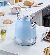 Multiple views of a light blue electric kettle on a kitchen counter, shown with toast and breakfast items. Demonstrates kettle in use and various serving positions.