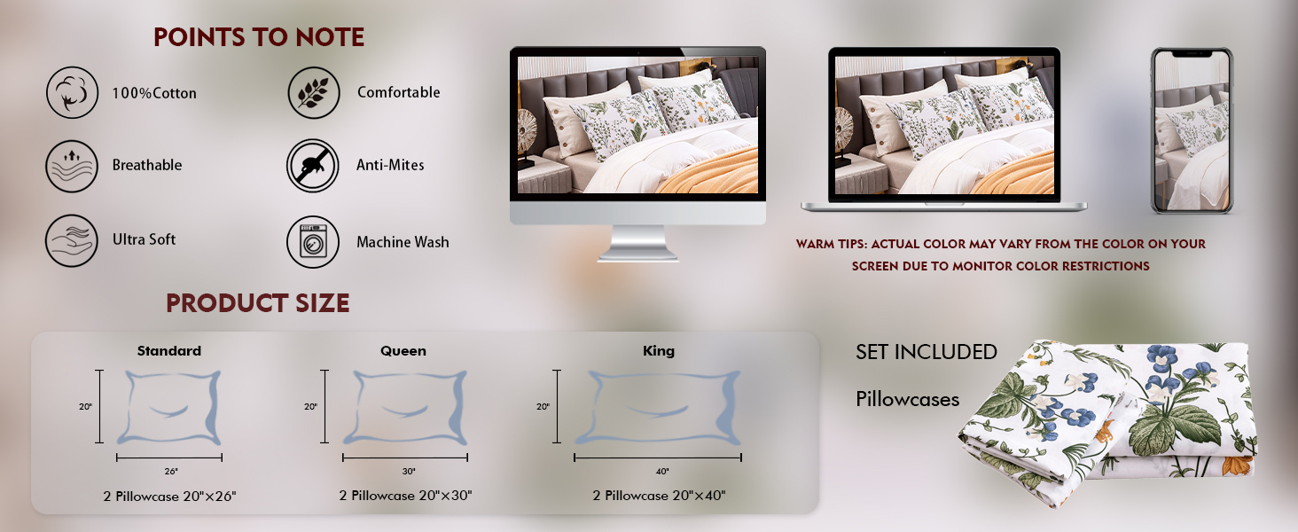 ECOCOTT 100 Cotton Pillowcases Standard Size, Floral Print