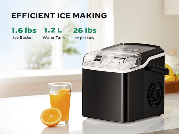 efficient ice maker: 1.6 lbs, 1.2 L water tank, 26 lbs ice per day
