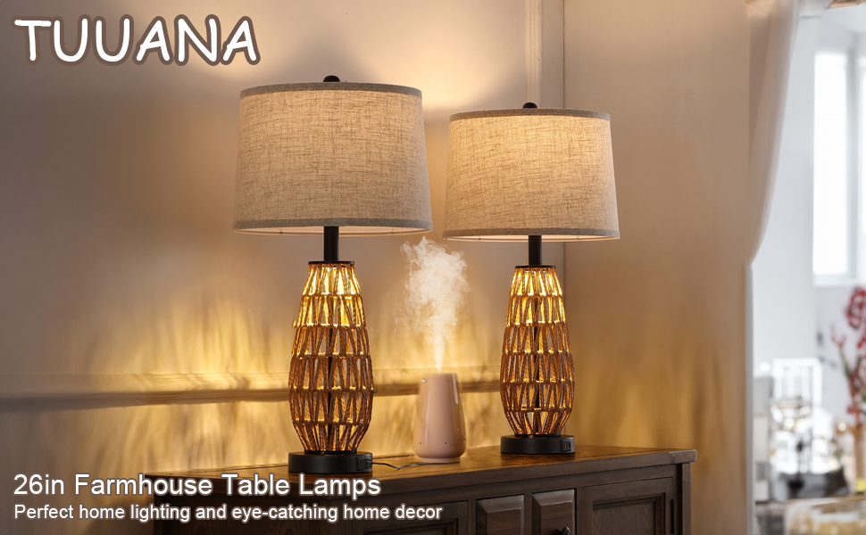 TUUANA 26in Rattan Table Lamps Set of 2 with USB Charging Ports