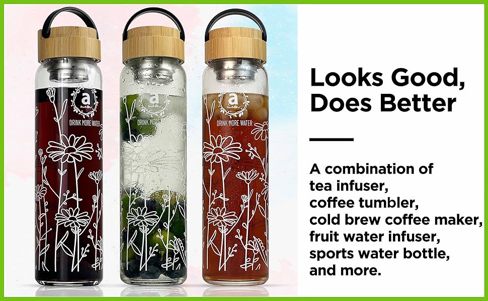 ameiin 32oz Borosilicate Glass Water Bottle with Bamboo Lid