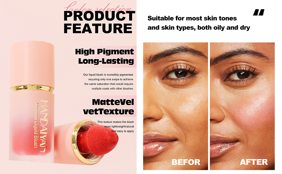 Makeup product featuring high pigment, long-lasting formula with matte velvet texture. Suitable for various skin tones and types. Before and after application shown.