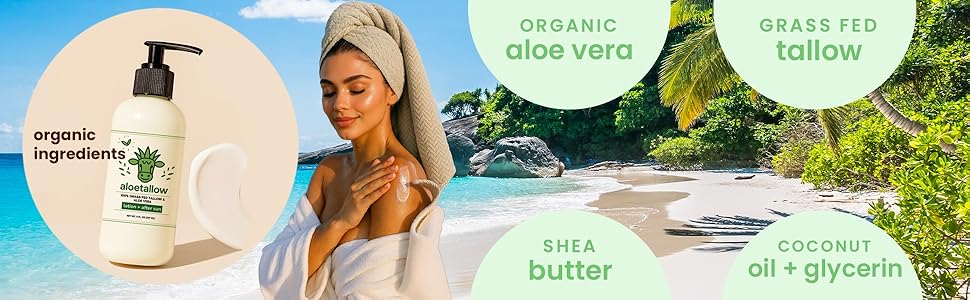 after sun lotion for sunburn relief with aloe vera and grass fed tallow, non-toxic body moisturizer