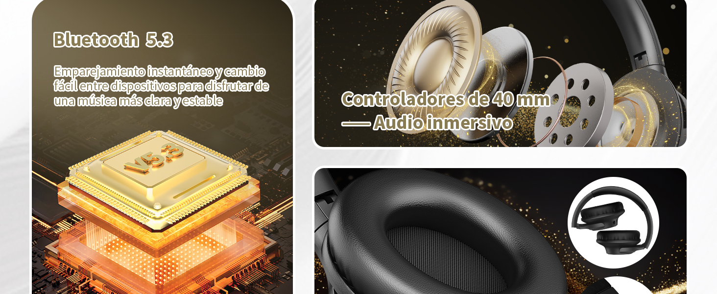 Imagen compuesta de las características de los auriculares inalámbricos: chip Bluetooth 5.3, controladores de 40 mm y auriculares acolchados. Destaca las especificaciones técnicas y los elementos de confort del dispositivo de audio