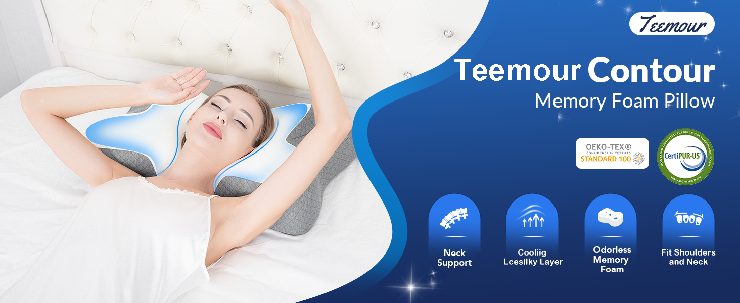sur l'oreiller en mousse viscoélastique Teemour Contour montrant une personne dormant sur l'oreiller. Les caractéristiques comprennent un soutien de la nuque, un refroidissement, une forme profilée et un ajustement pour les épaules et