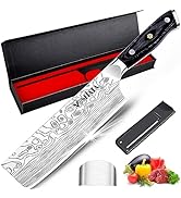 Multiple views of Damascus pattern kitchen knives, emphasizing blade detail and full knife length. Shows various angles including profile and blade edge against dark background.