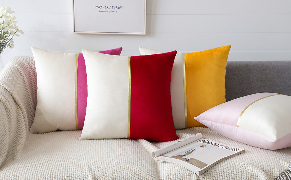 Artscope Pink White Velvet Cushion Covers with Gold Leather Patchwork Luxury Modern Minimalist Square Pillowcase Throw Pillow Covers for Living Room Bed Couch Sofa 45x45cm Set of 2 15 B0BPC7SBB8