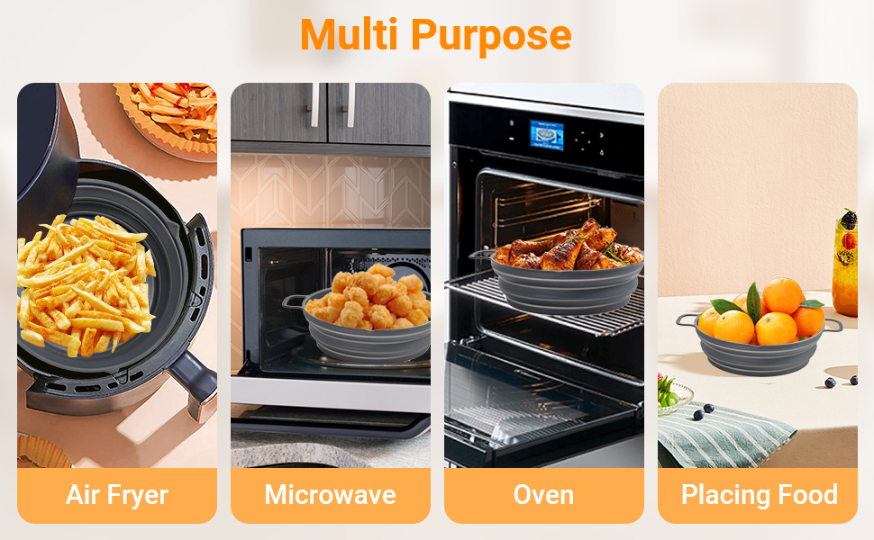 Alyvisun Air Fryer Liner Silicone Reusable Airfryer Basket Foldable Kitchen Pot Accessories Versatile Round Baking Pan for Microwave, Oven (Grey) 17 Air fryer liner can be used in the microwave, oven and are suitable for a variety of dishes.