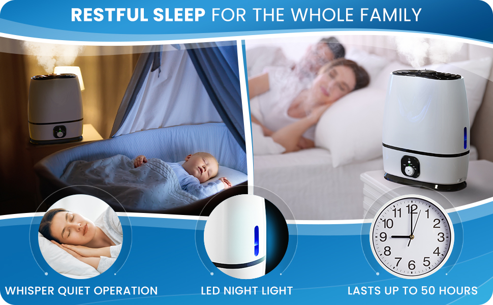 50Hour Ultrasonic Cool Mist Humidifiers for Bedroom (6L) Quiet